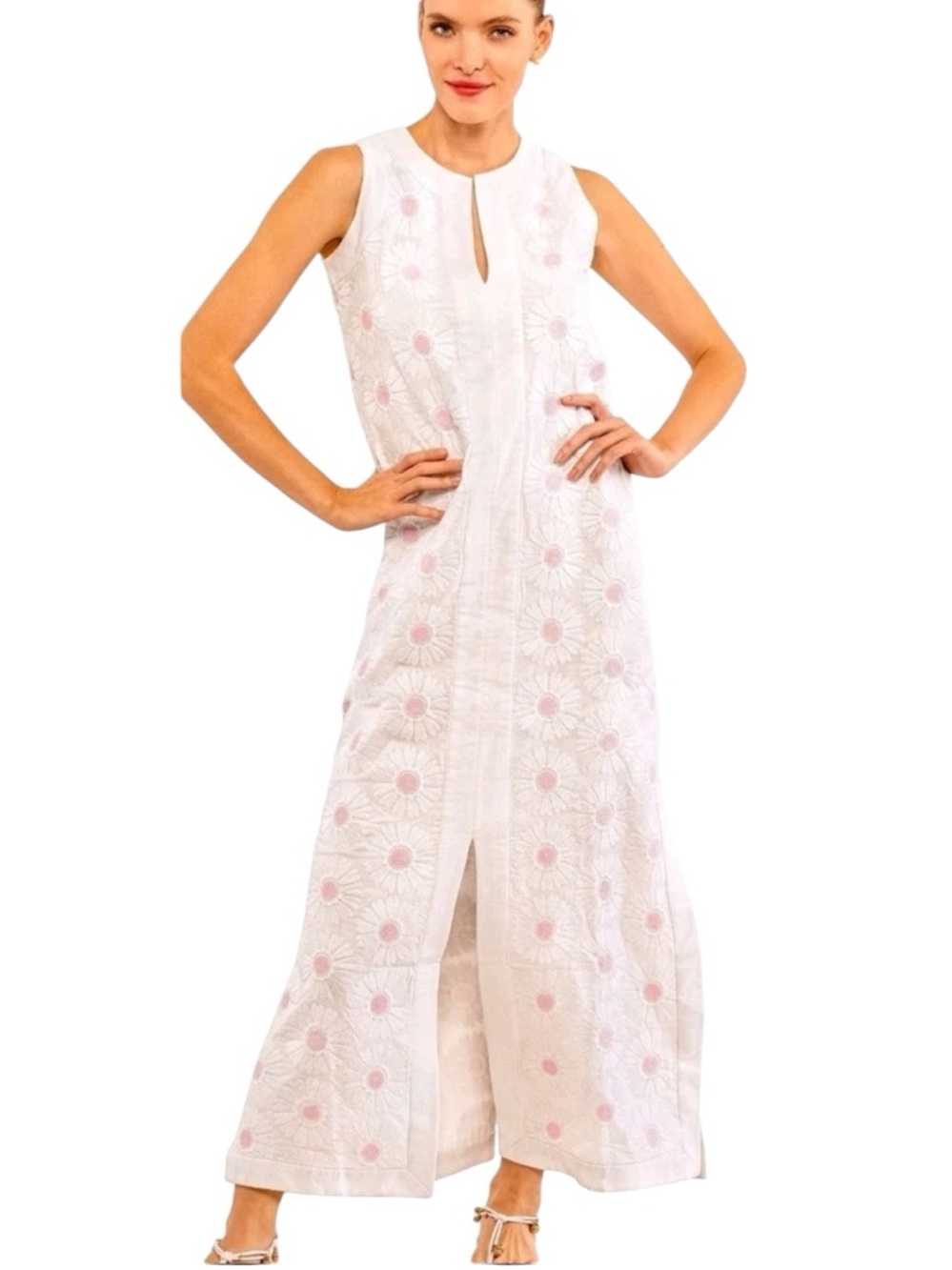 NWT Gretchen Scott A Daisy Of A Dress White Maxi Pink Embroidery Size Shrimp XXS